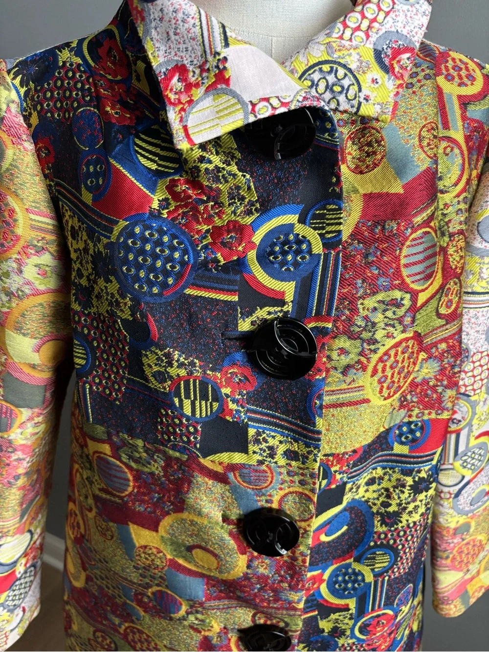 An Ren Vintage Multi Color Geometric Floral Print Wearable Art Mid Length Coat